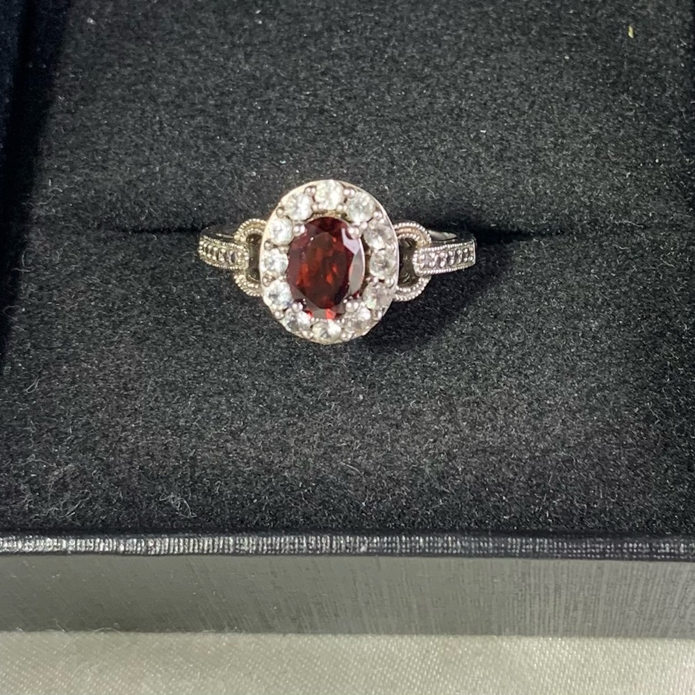 Sterling Silver Garnet Halo Ring with CZ Accent Stones